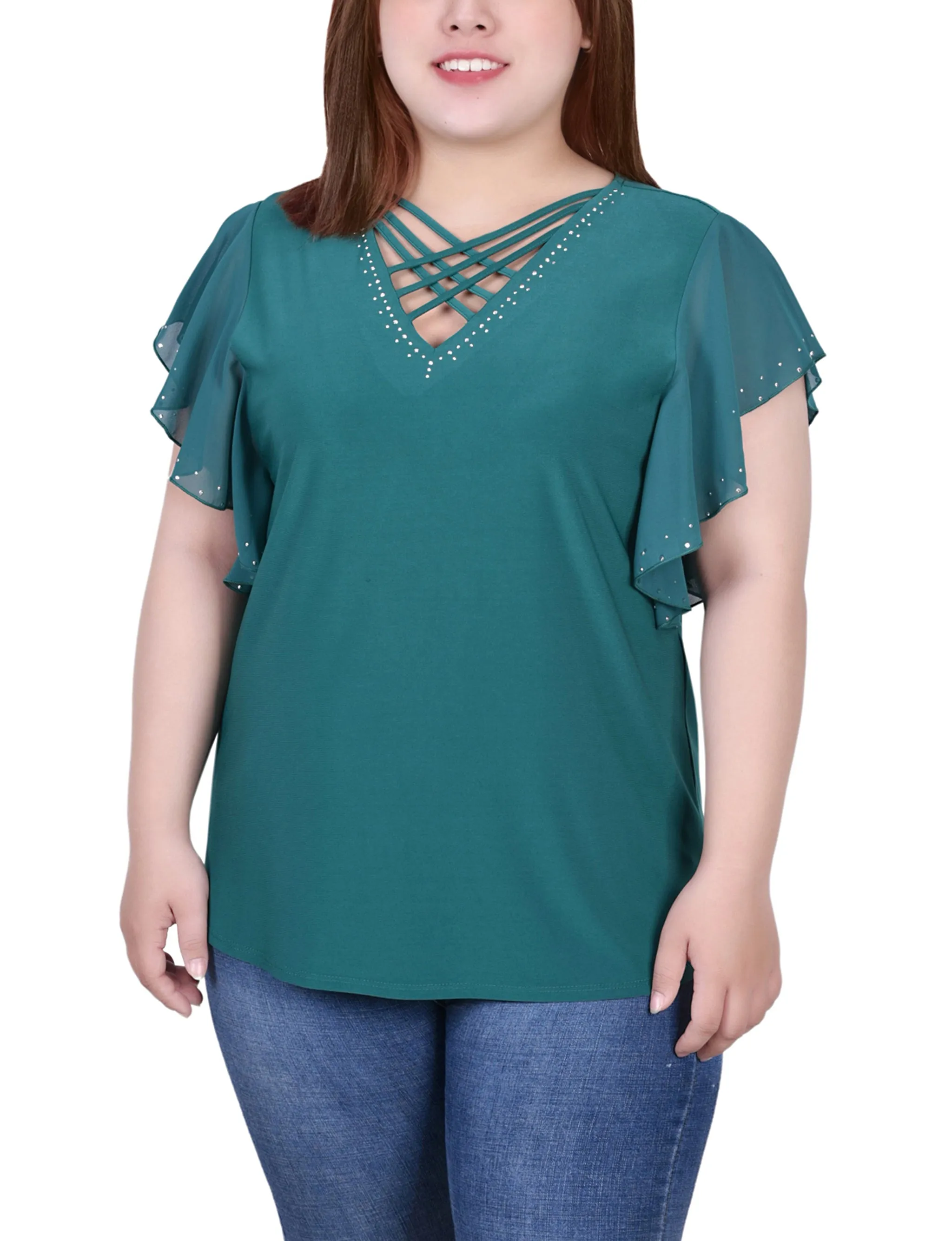 Plus Size Flutter Sleeve Top With Criss Cross Strips Fashion Blouse Moisture Control Lining