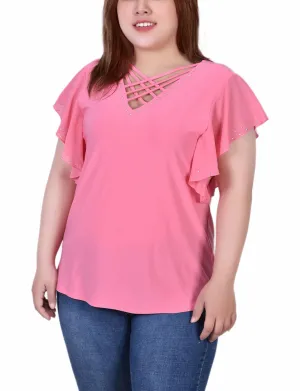 Thermal Insulation Plus Size Flutter Sleeve Top With Criss Cross Strips