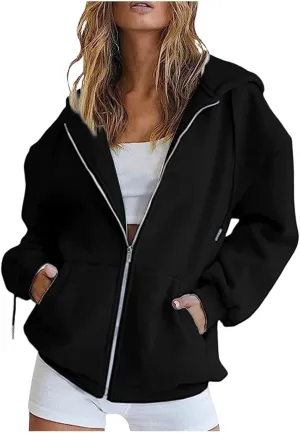 Plus Size Hoodies for Women Trendy Zip Up Loose Drawstring Long Sleeve Hoodies Solid Color Casual Pullover Tops with Pockets Lightweight Zip Up Hoodie Women,Black,S