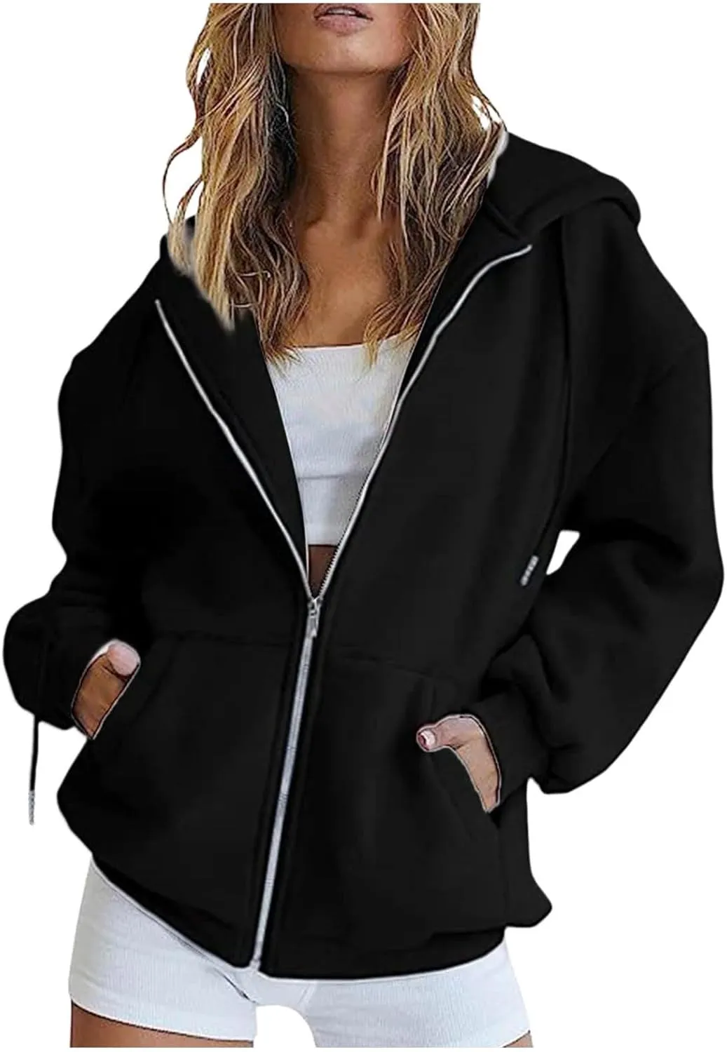 Plus Size Hoodies for Women Trendy Zip Up Loose Drawstring Long Sleeve Hoodies Solid Color Casual Pullover Tops with Pockets Lightweight Zip Up Hoodie Women,Black,S