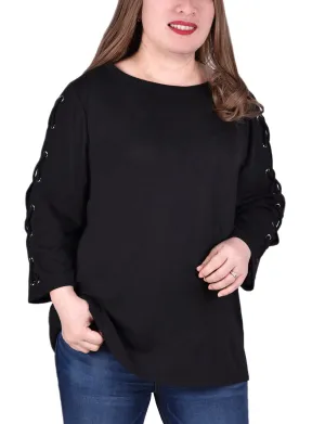 Plus Size Laced Sleeve Top Warm Layer Reinforced Shoulder Panels