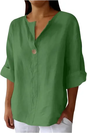 Plus Size Linen Shirts for Women 2025 Trendy Summer Tops Button 3/4 Sleeve V Neck Beach Blouses Boho Loose Tunics