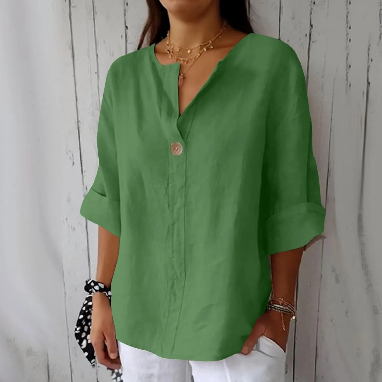 Plus Size Linen Shirts for Women 2025 Trendy Summer Tops Button 3/4 Sleeve V Neck Beach Blouses Boho Loose Tunics