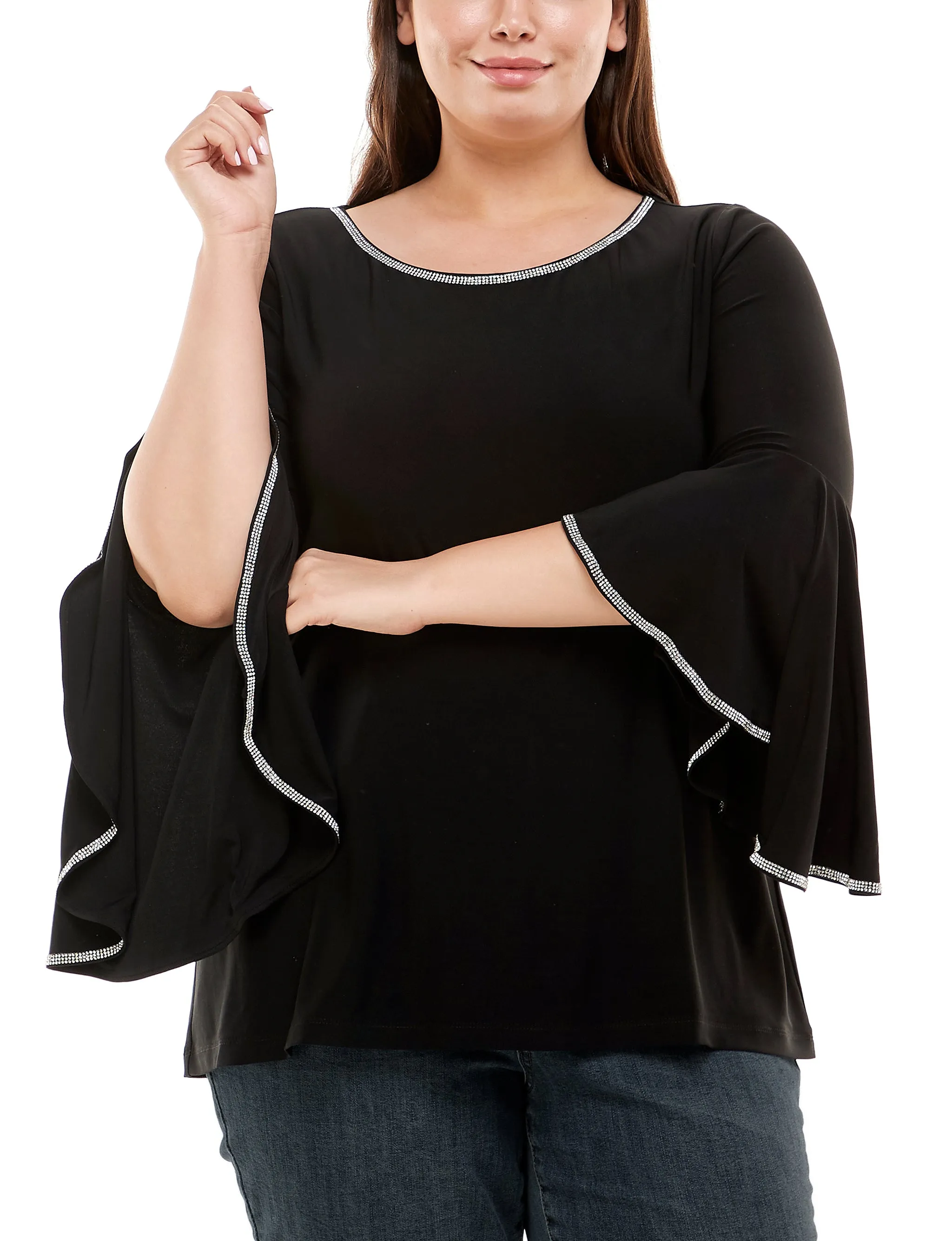 Plus Size Long Bell Sleeve Top With Stone Details Glow In The Dark Accent Trim Reinforced Hem Stitching