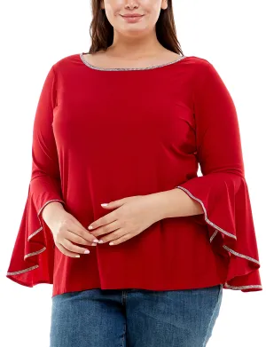Subtle Texture Weave LayeredStyling Plus Size Long Bell Sleeve Top With Stone Details