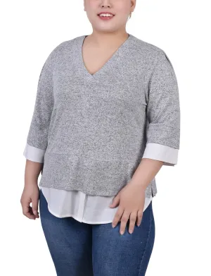 Breathable Mesh Back Plus Size Long Sleeve 2-In 1 Top