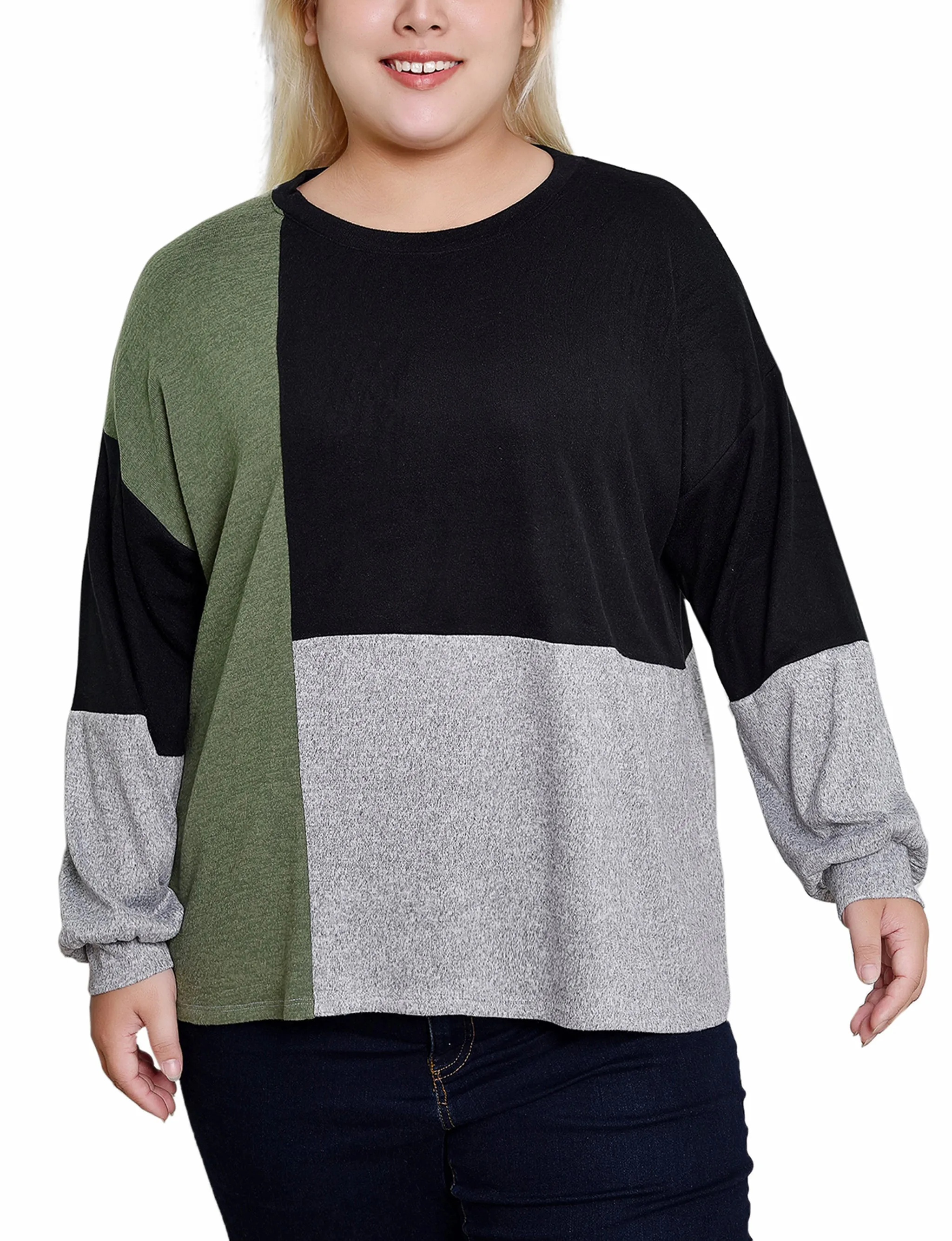 Plus Size Long Sleeve Colorblocked Top Eco Friendly Dye Process Abrasion Resistant Fabric
