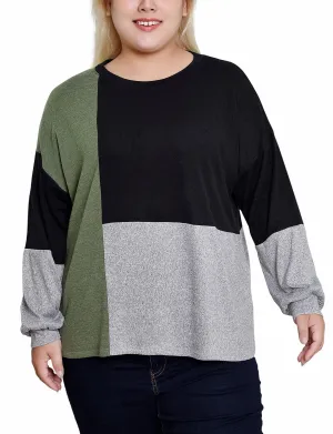 Plus Size Long Sleeve Colorblocked Top TaglessCollar