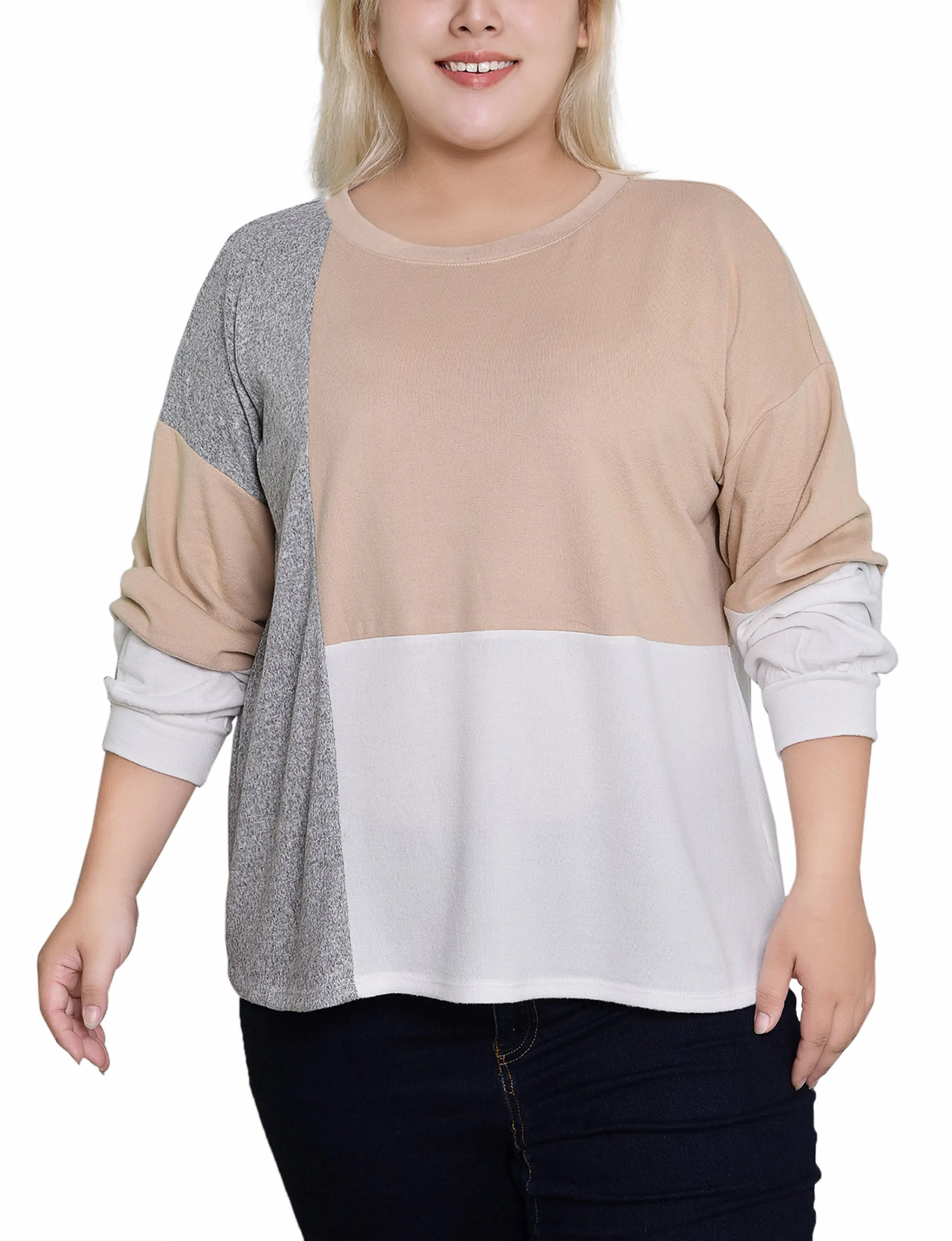 Plus Size Long Sleeve Colorblocked Top Layered Placket Design Slim Silhouette