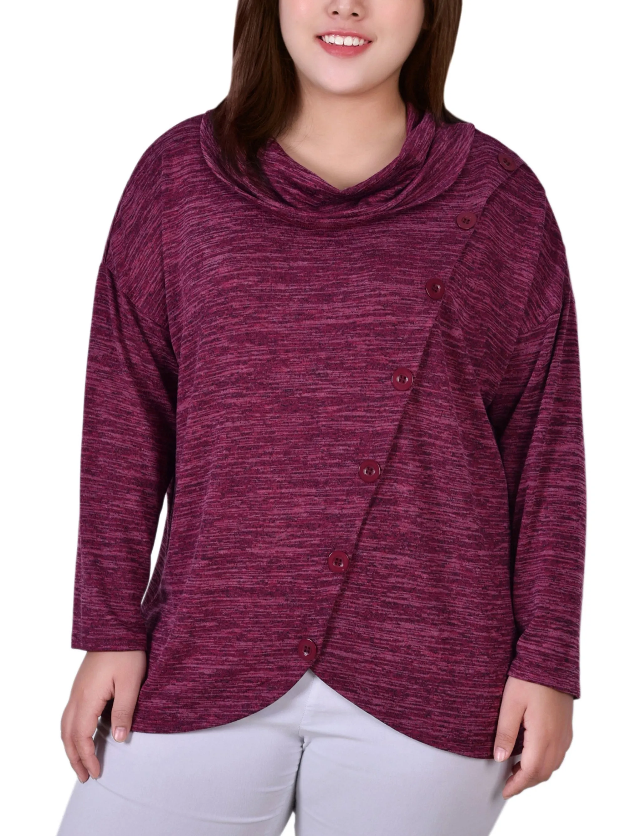 FullCut Shoulder Plus Size Long Sleeve Cowl Neck Top With Button Detail