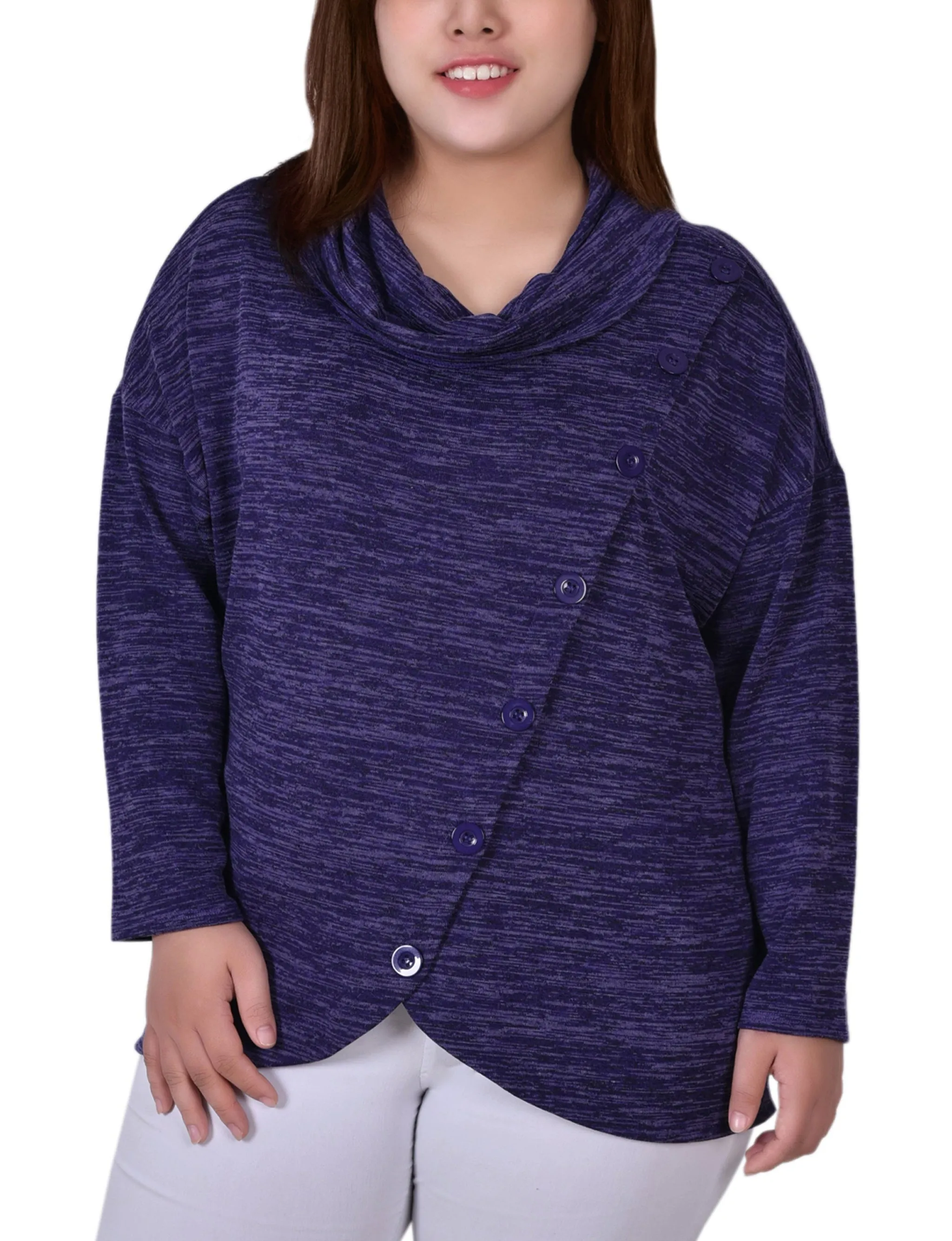 Self Cleaning Coating Plus Size Long Sleeve Cowl Neck Top With Button Detail