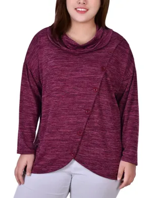 Moisture Control Lining Plus Size Long Sleeve Cowl Neck Top With Button Detail