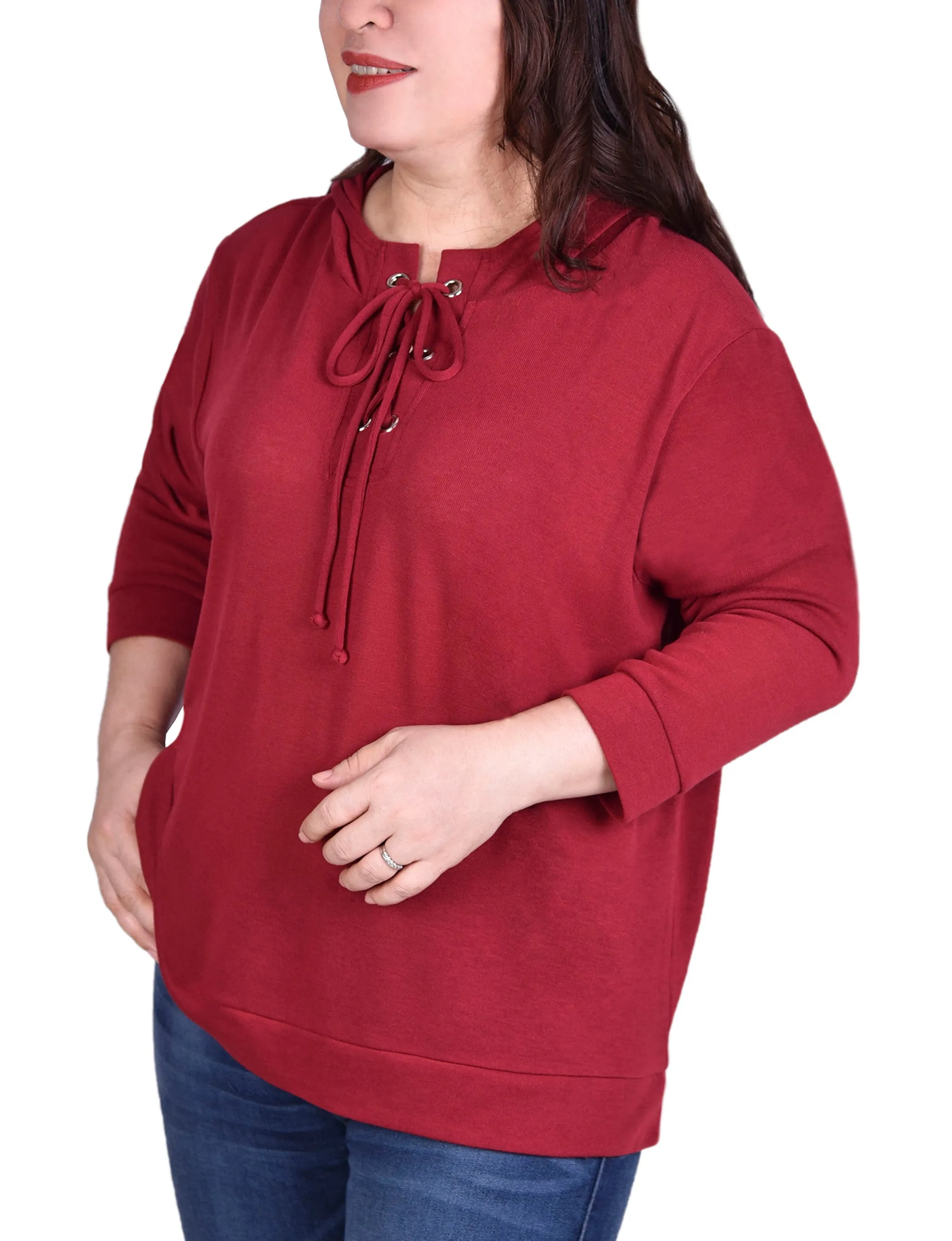 Plus Size Long Sleeve Hoodie Top With Laced Yoke Elastic Edge Binding Sleeveless Top