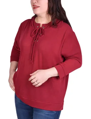 Plus Size Long Sleeve Hoodie Top With Laced Yoke Elastic Edge Binding Sleeveless Top