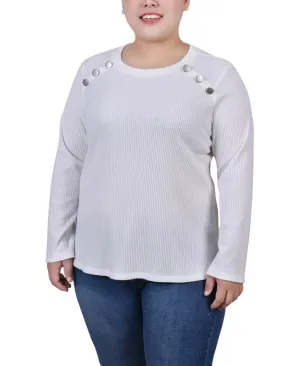 Plus Size Long Sleeve Ribbed Button Detail Top Scoop Neck Shape Moisture Wicking Material