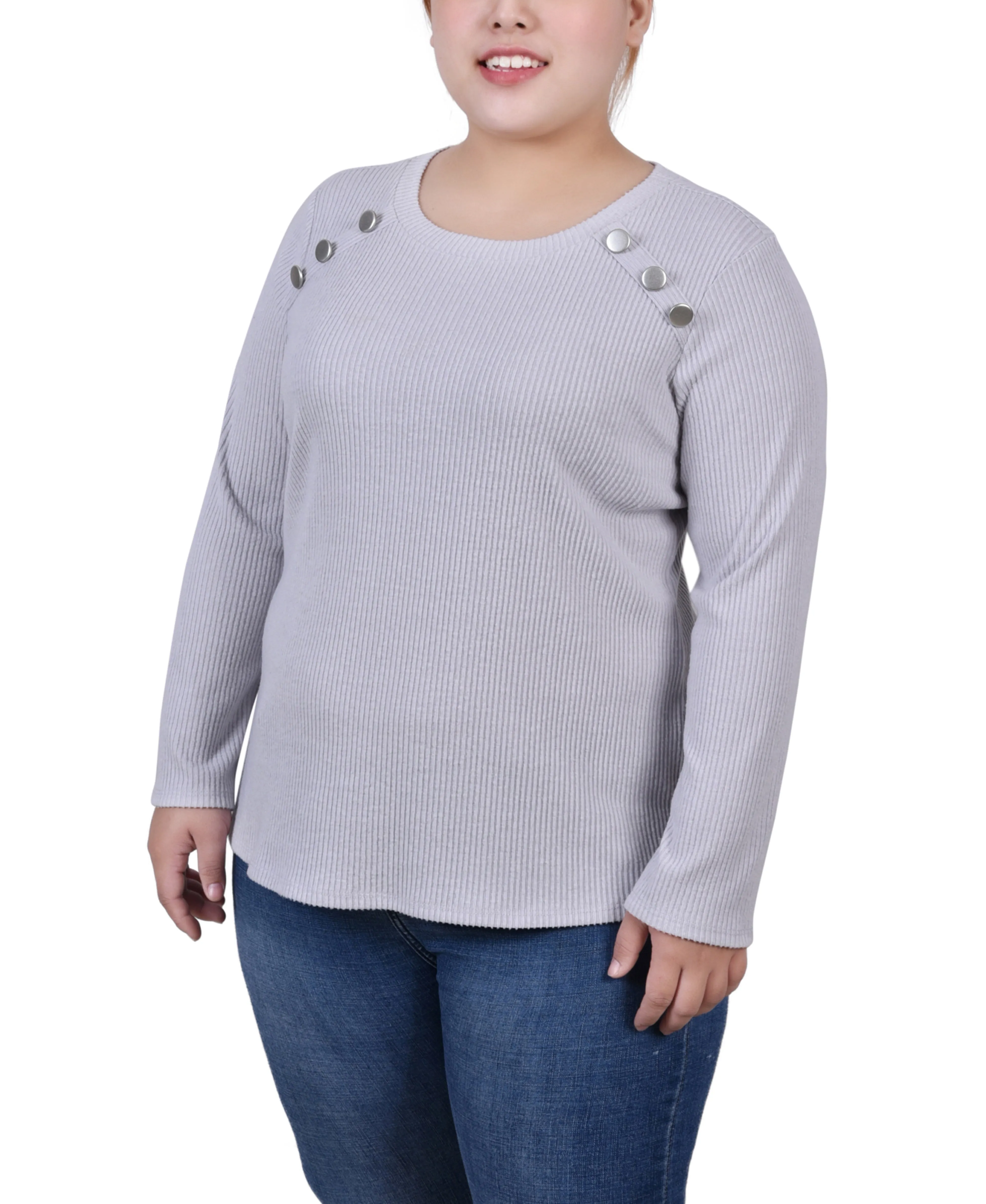 Plus Size Long Sleeve Ribbed Button Detail Top Ribbed Trims