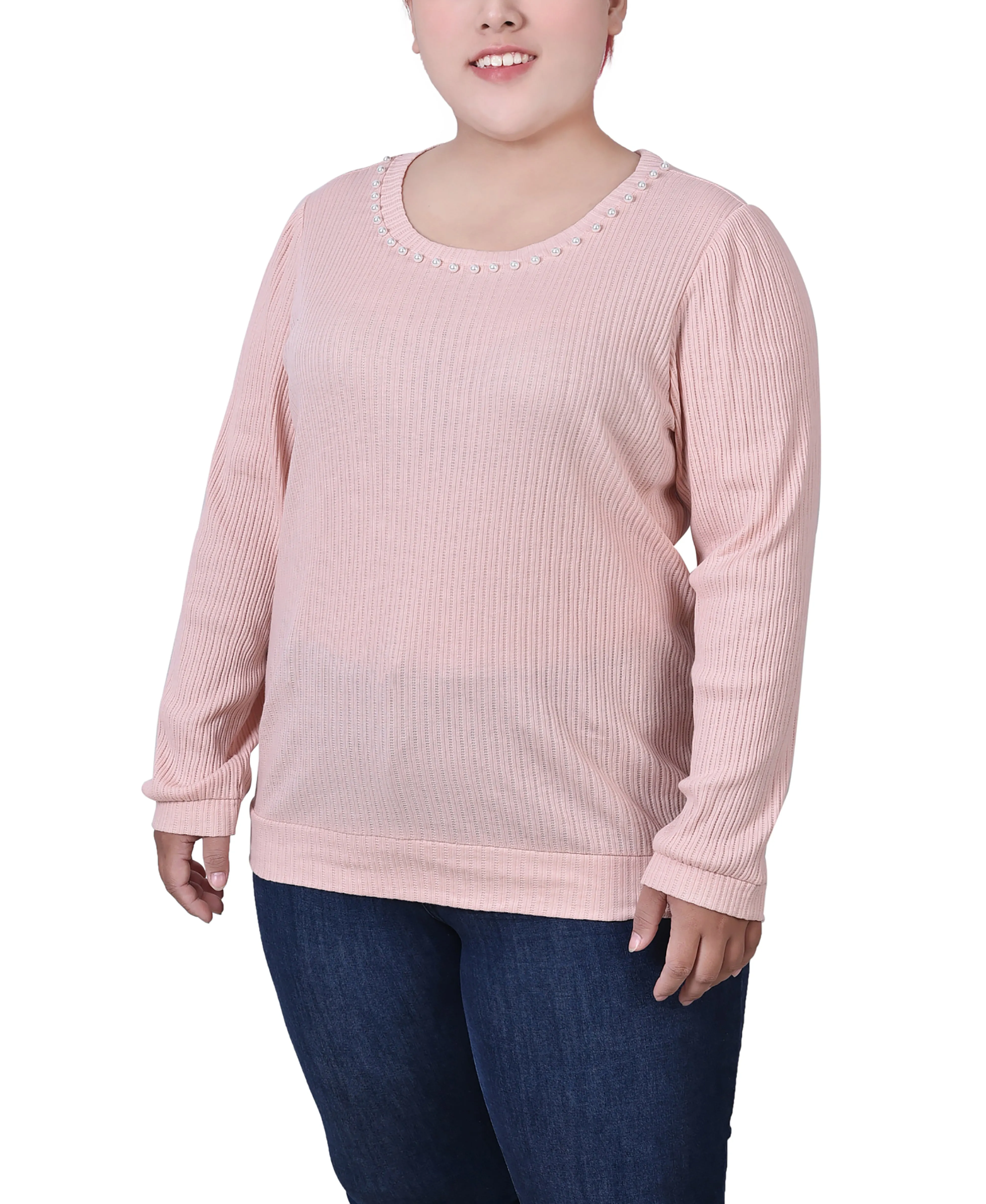 Bonded Seam Technology Versatile Layering Plus Size Long Sleeve Ribbed Pearl Trimmed Top