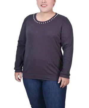 StretchableKnit Drop Shoulder Plus Size Long Sleeve Ribbed Pearl Trimmed Top
