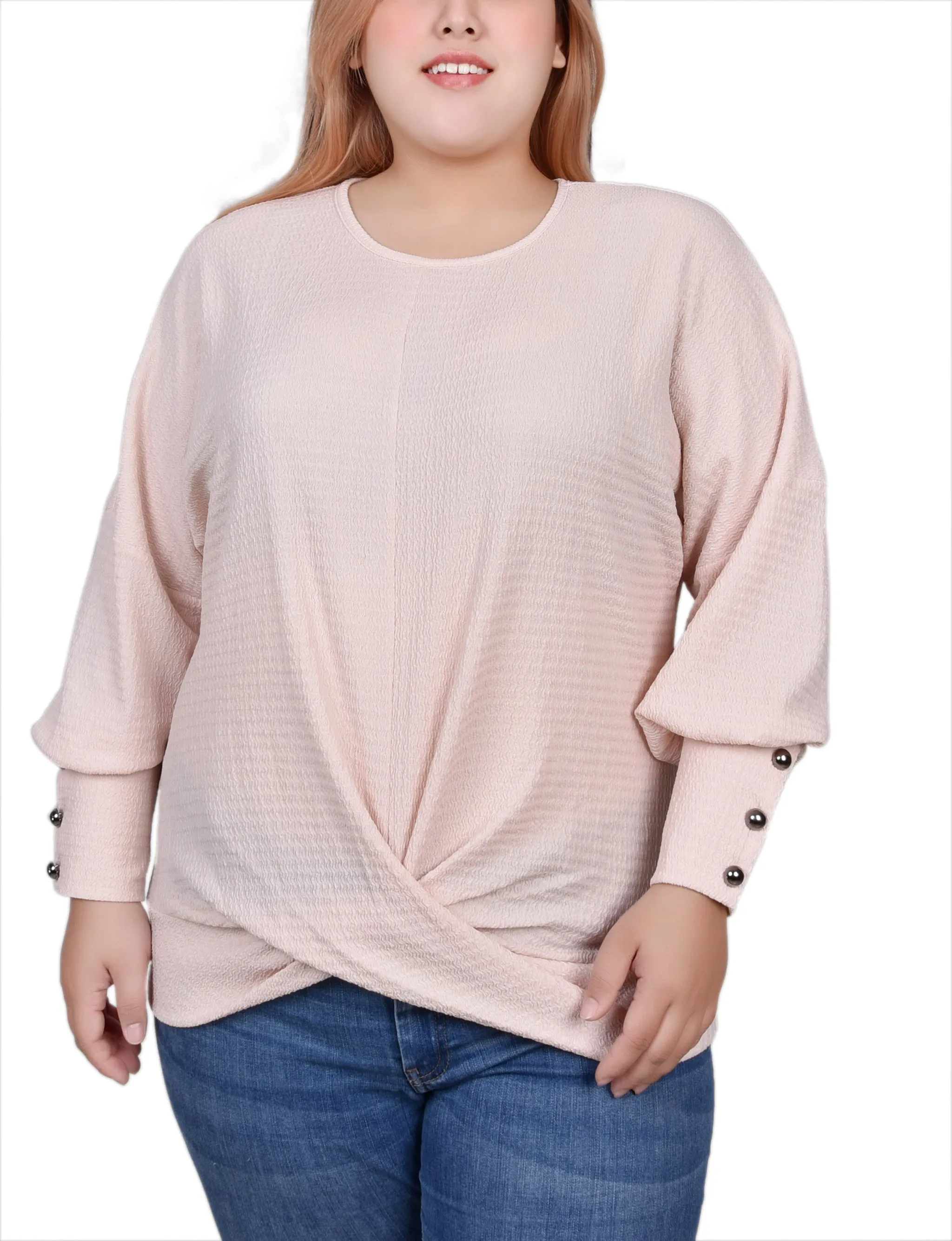 Plus Size Long Sleeve Textured Knit Top UVProtection Coating