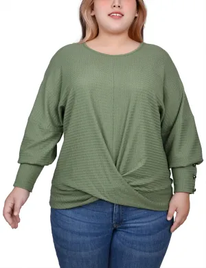 Plus Size Long Sleeve Textured Knit Top MultiPocketDesign