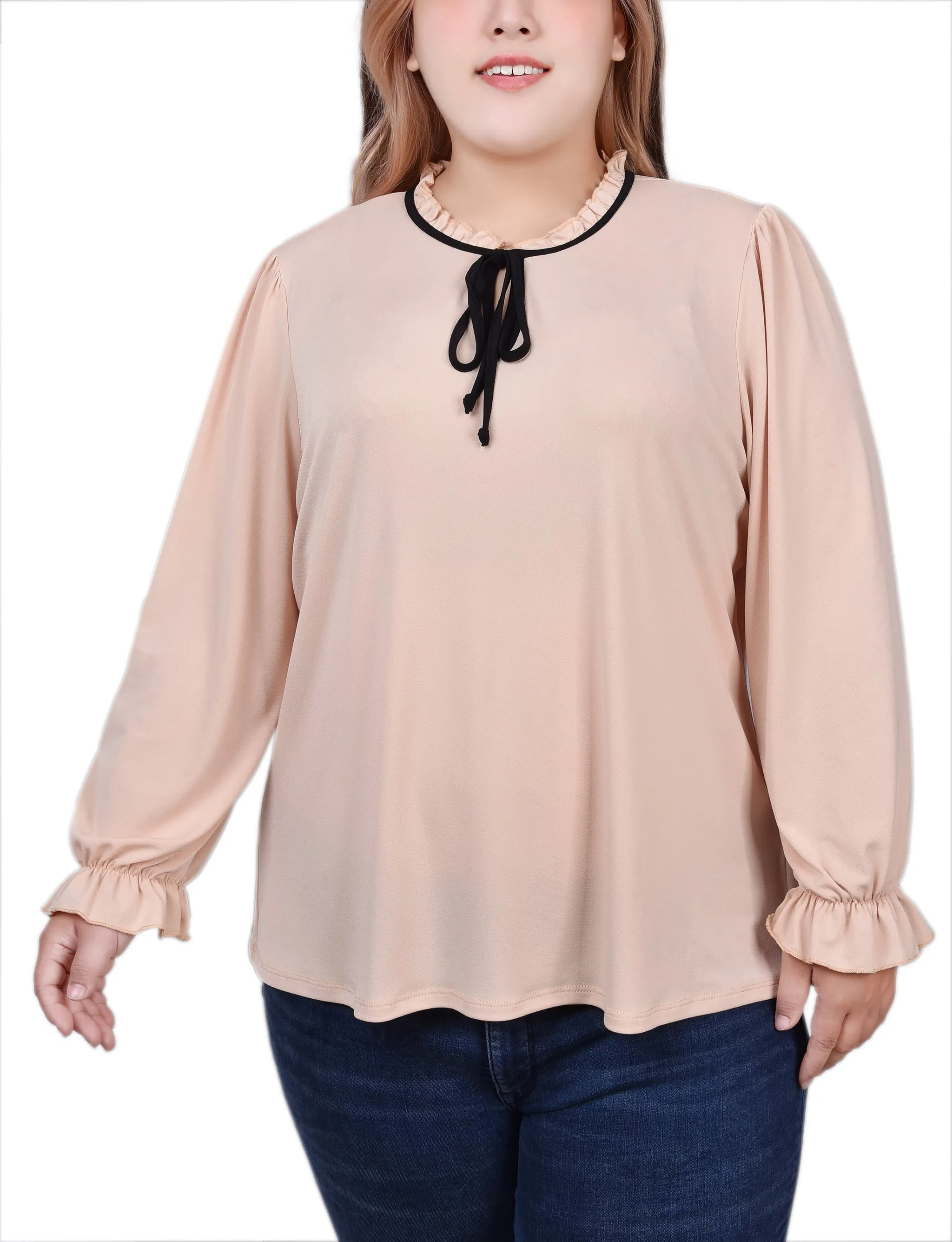 PaddedInsulation Plus Size Long Sleeve Tie Neck Top