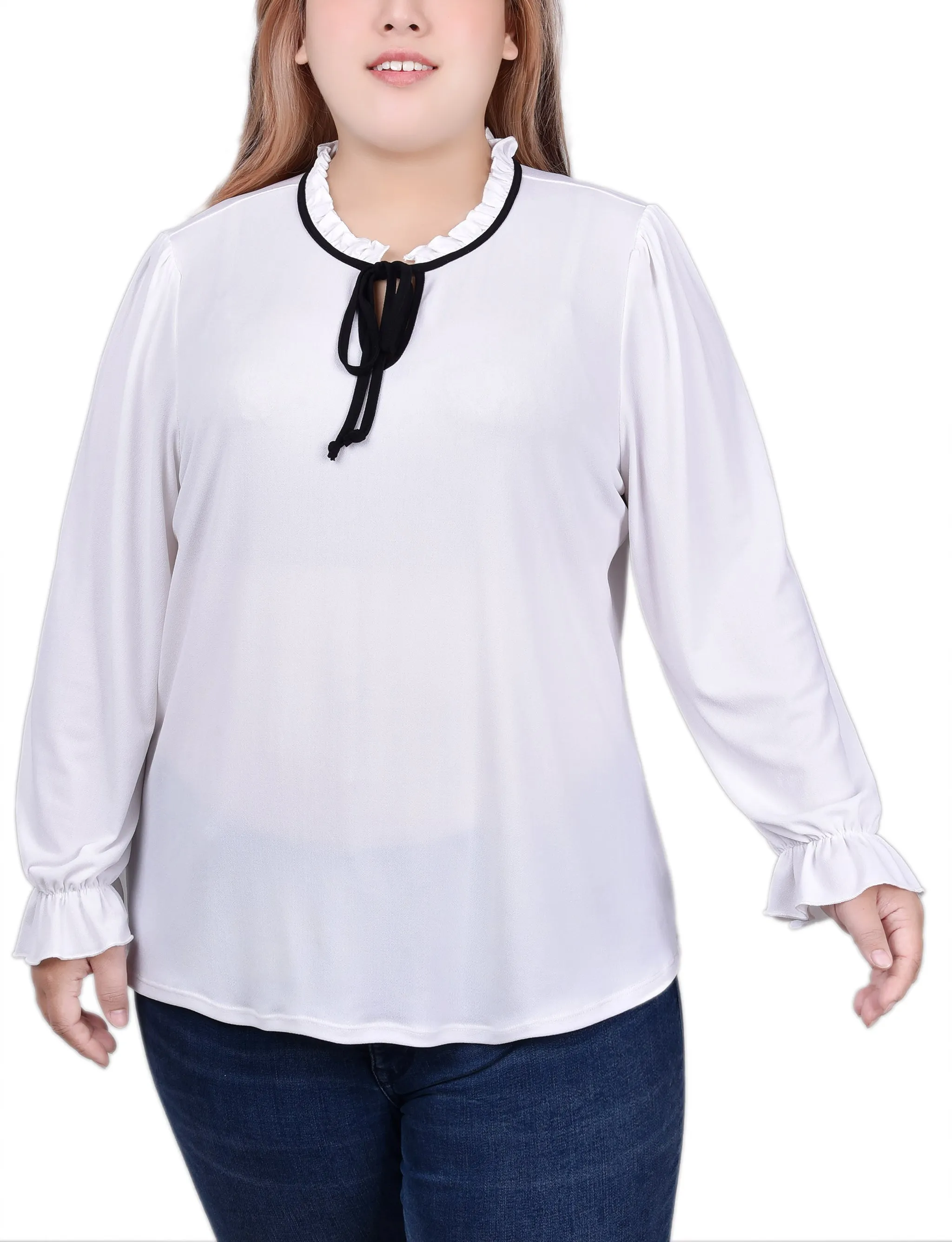Plus Size Long Sleeve Tie Neck Top QuickDry