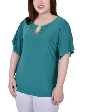 Cozy Cardigan Plus Size Mesh Flutter Sleeve Knit Top