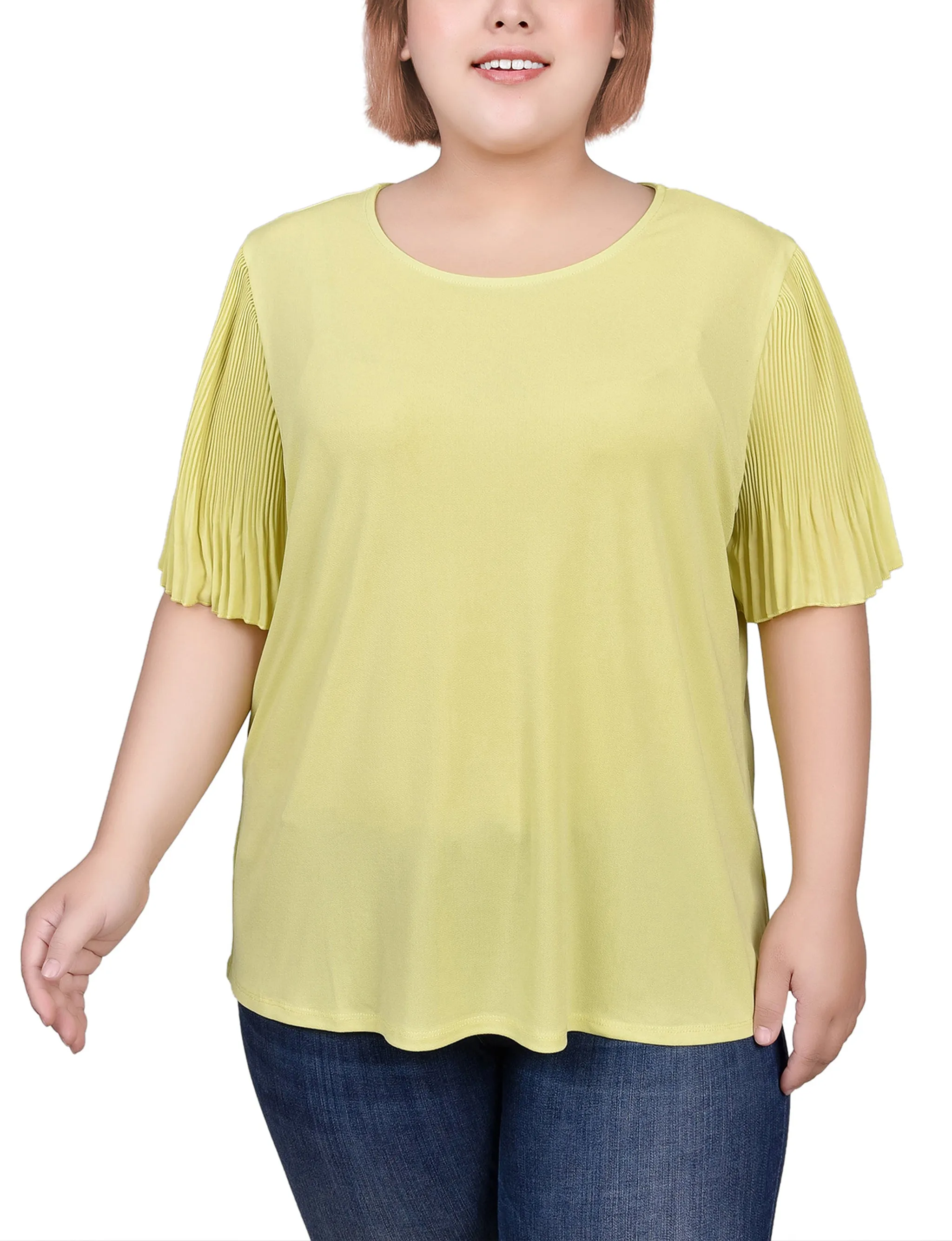 Plus Size Pleated-Sleeve Top Non Restrictive Collar
