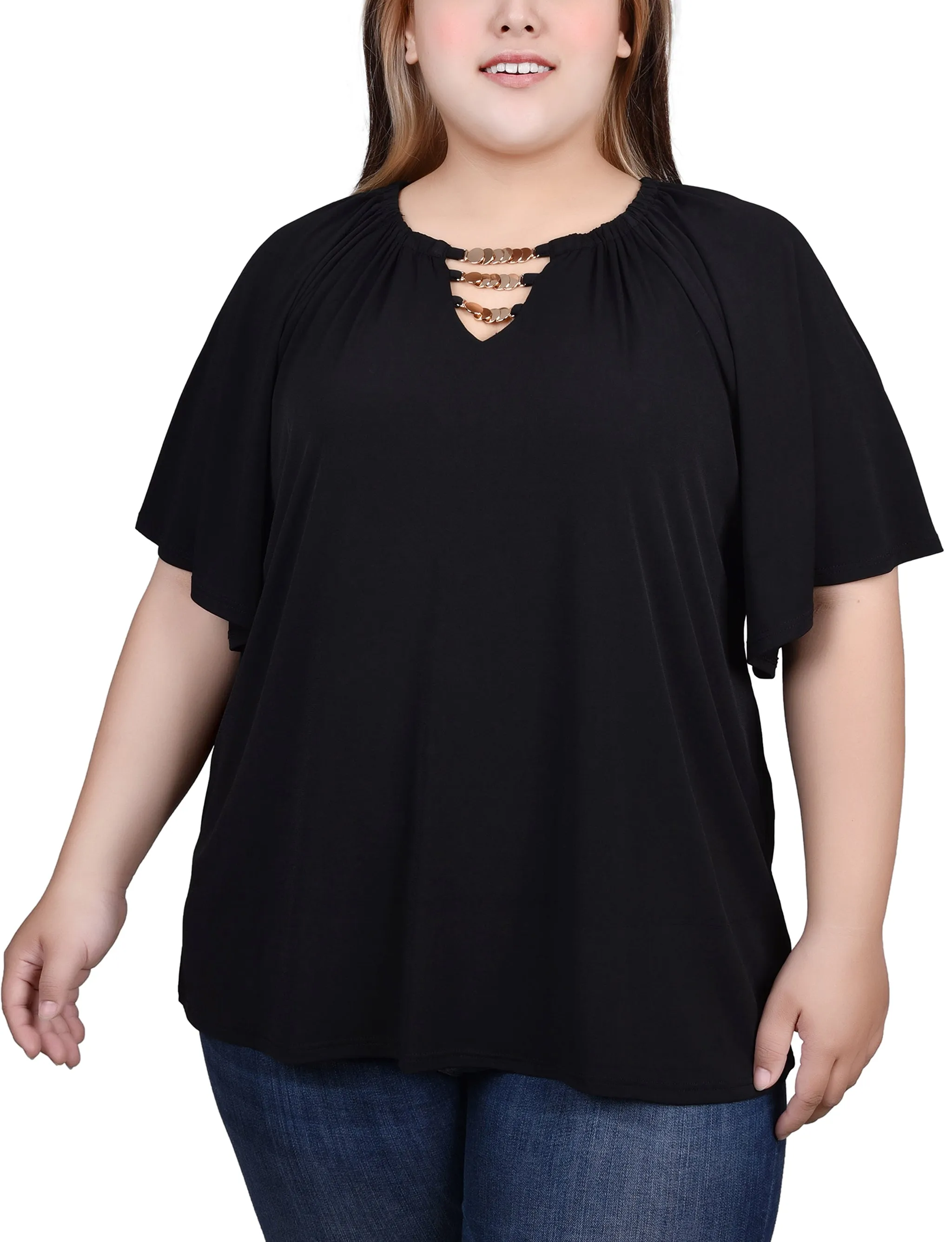 CrossGrain Fabric UltraSoftLining Plus Size Raglan Sleeve Top With Chain Details