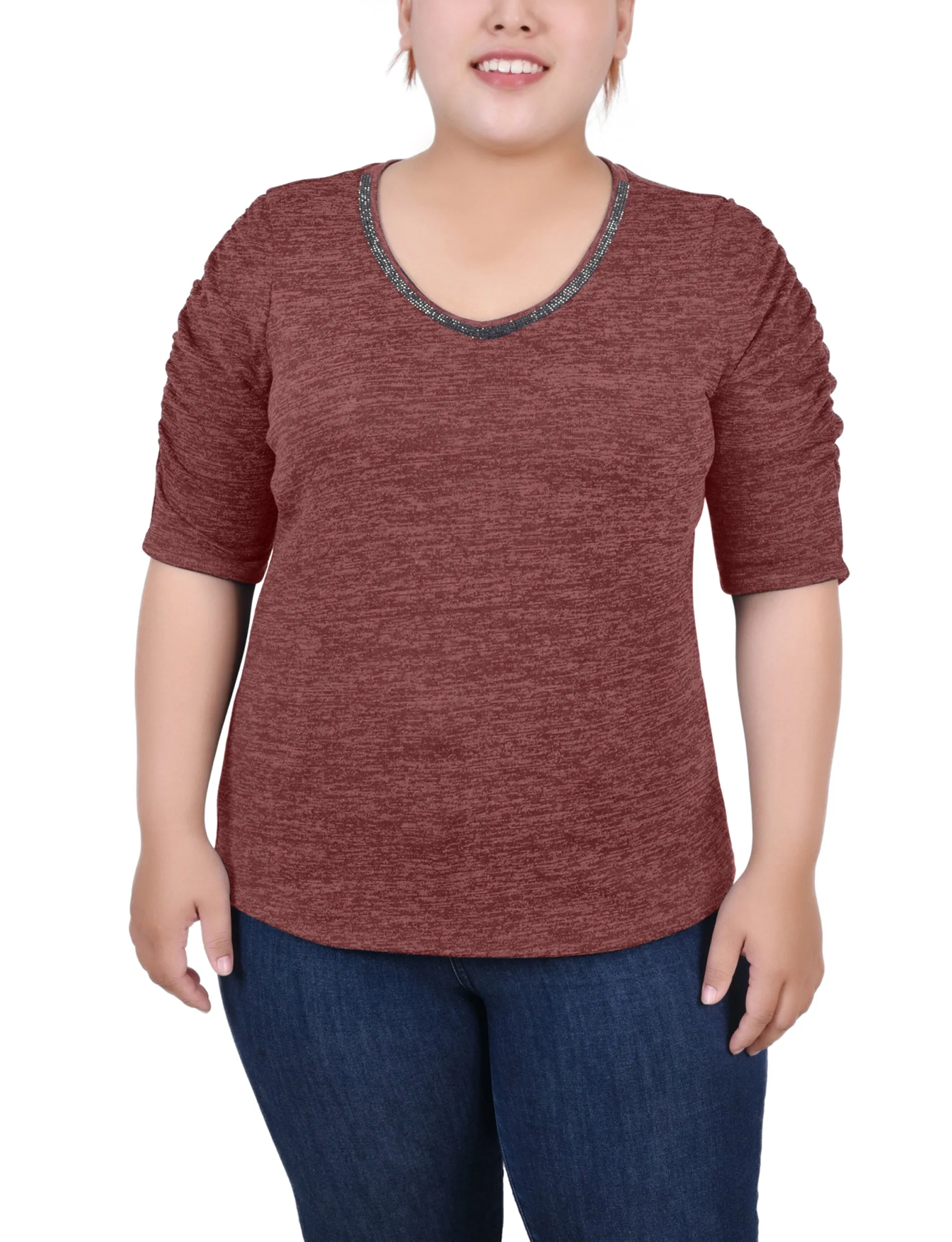 MultiPanelDesign UV Protective Layer Plus Size Rouched Sleeve Top