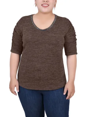 Plus Size Rouched Sleeve Top HygienicCoating High Stretch Fabric