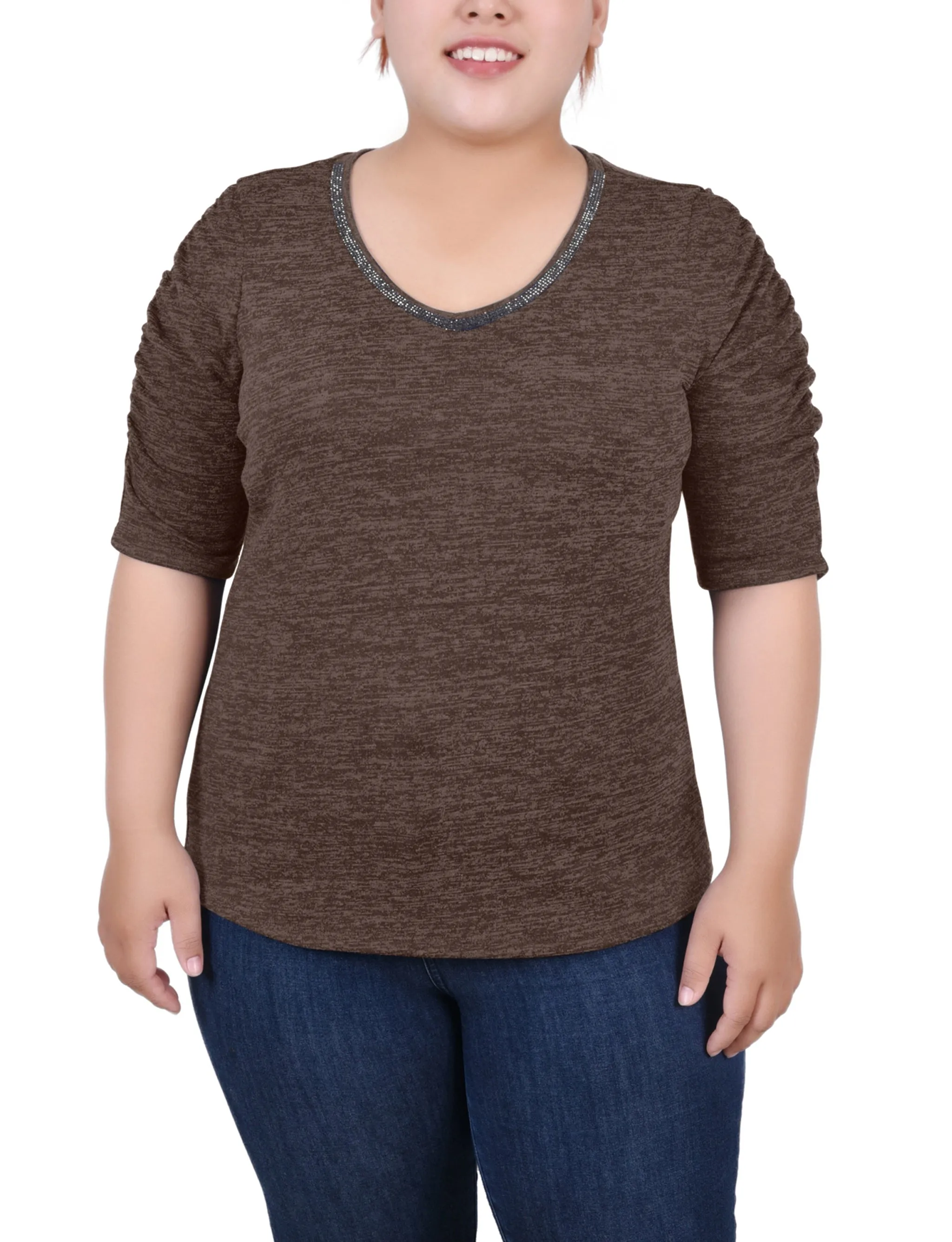 Plus Size Rouched Sleeve Top VersatileNeckline VNeckReinforcement