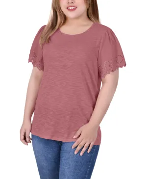Plus Size Short Flutter Eyelet Sleeve Top YarnDyed Stripes anti static coating