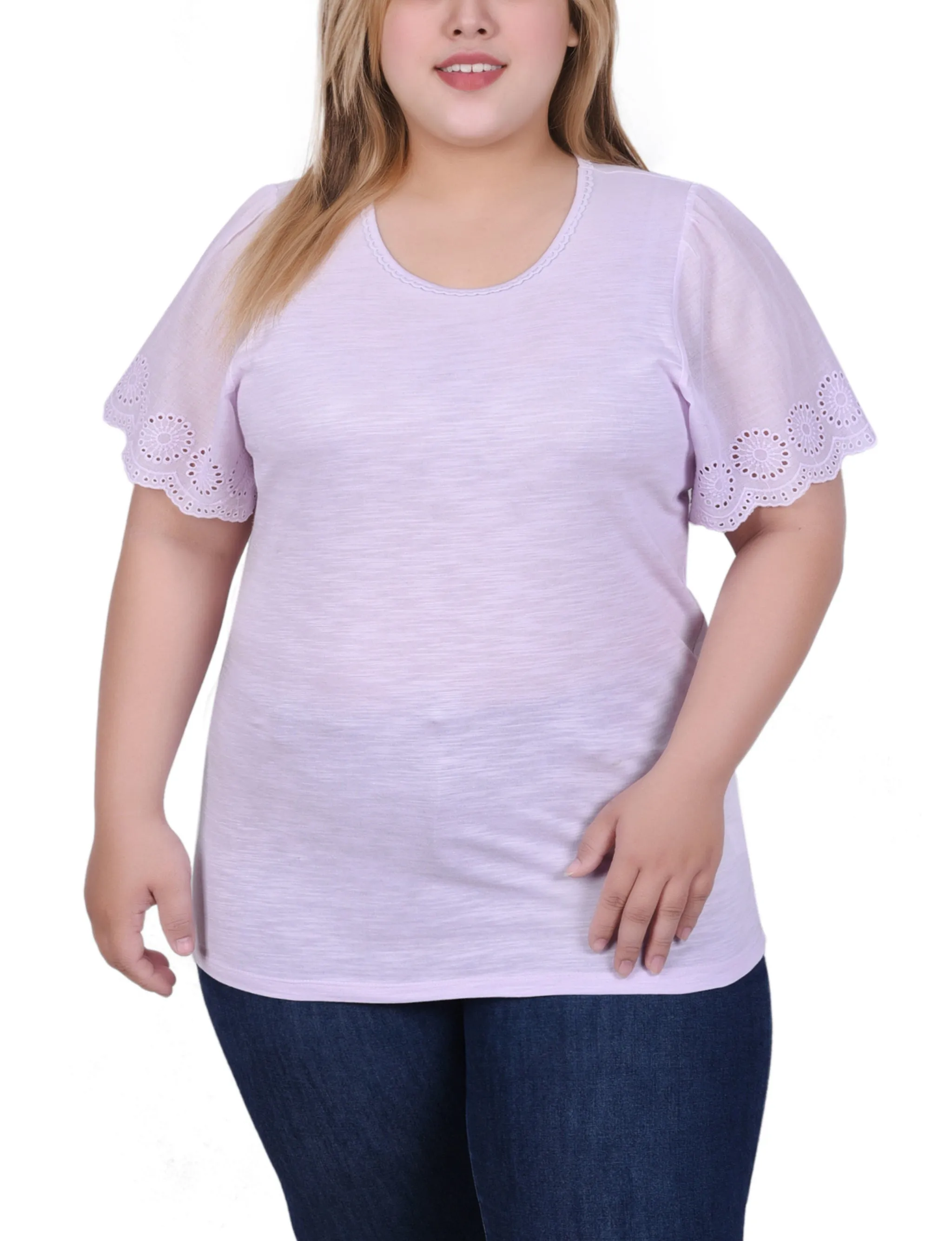 Plus Size Short Flutter Eyelet Sleeve Top Recycled Fiber Blend