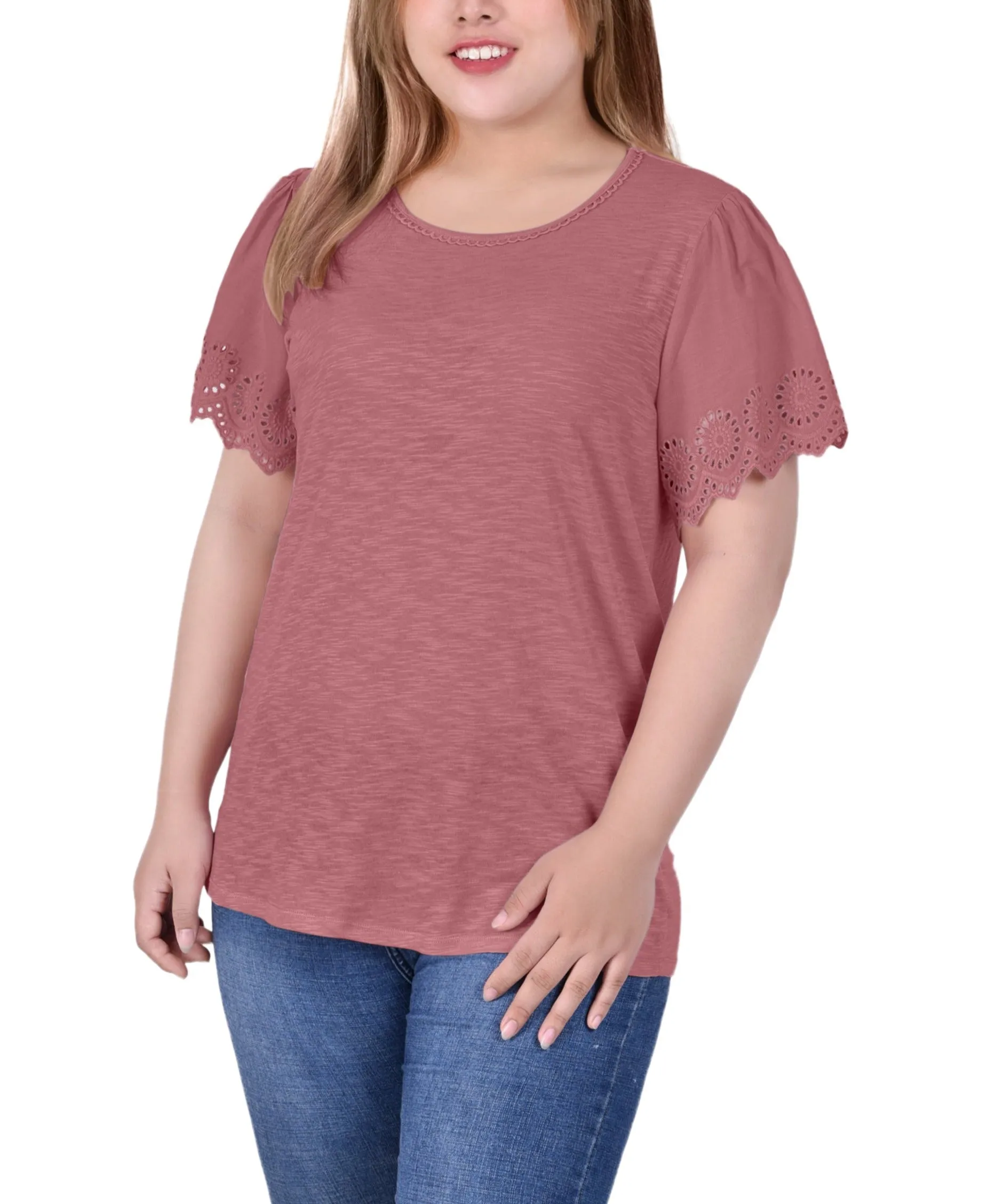 Plus Size Short Flutter Eyelet Sleeve Top Pocket Reinforcement AntiStaticTreatment