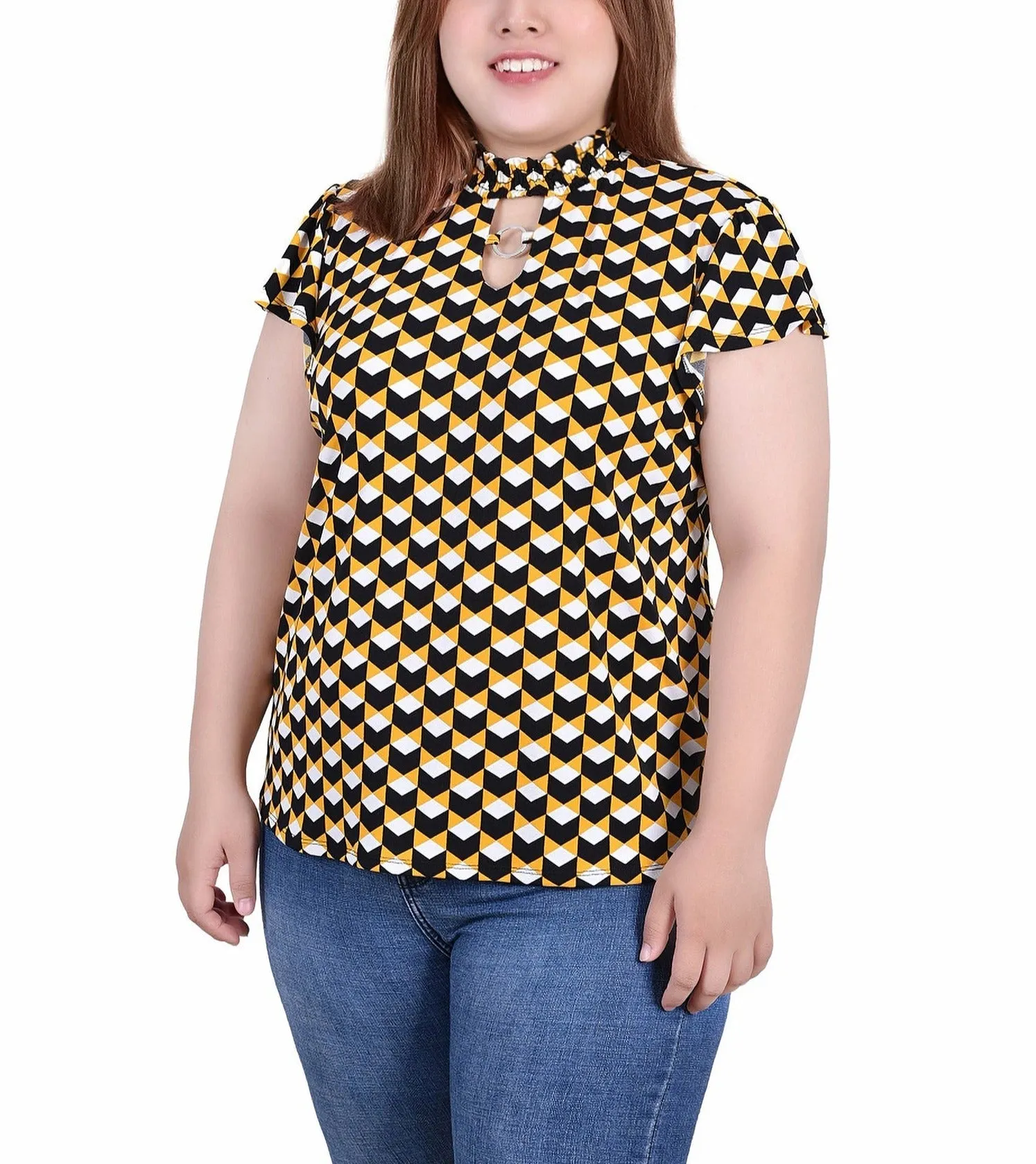 Plus Size Short Flutter Sleeve Mock Neck Top Bonded Seam Durability