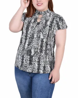 CrewNeck DoubleLayeredCollar Plus Size Short Flutter Sleeve Mock Neck Top