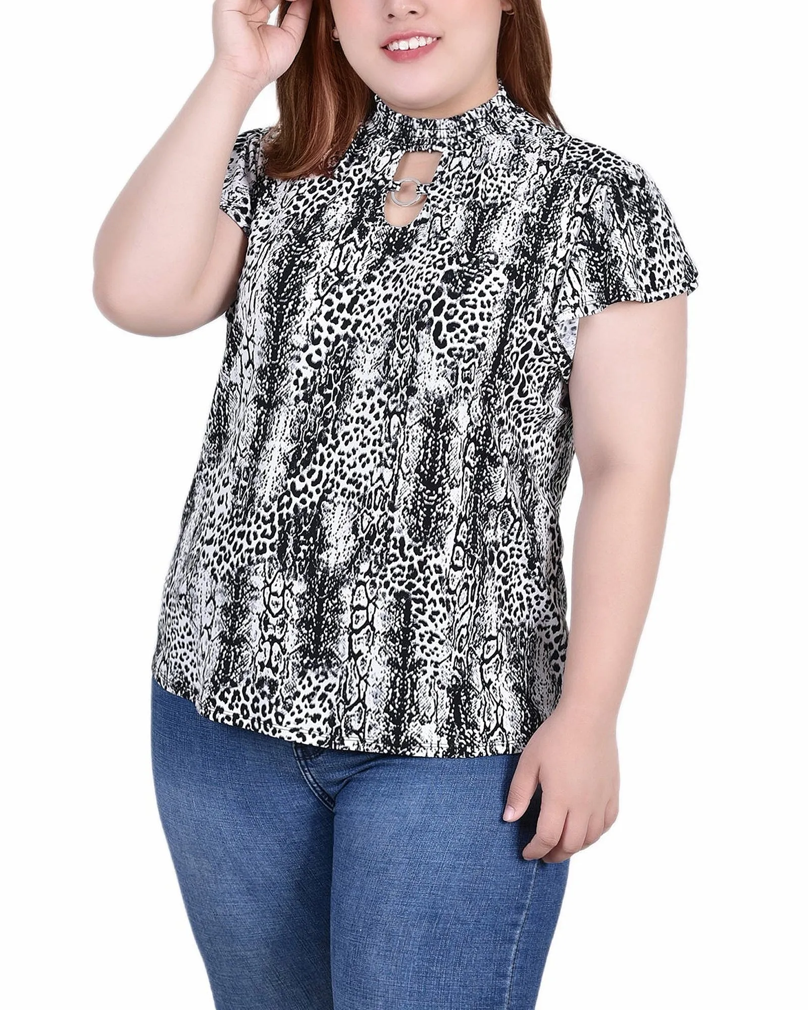 CrewNeck DoubleLayeredCollar Plus Size Short Flutter Sleeve Mock Neck Top