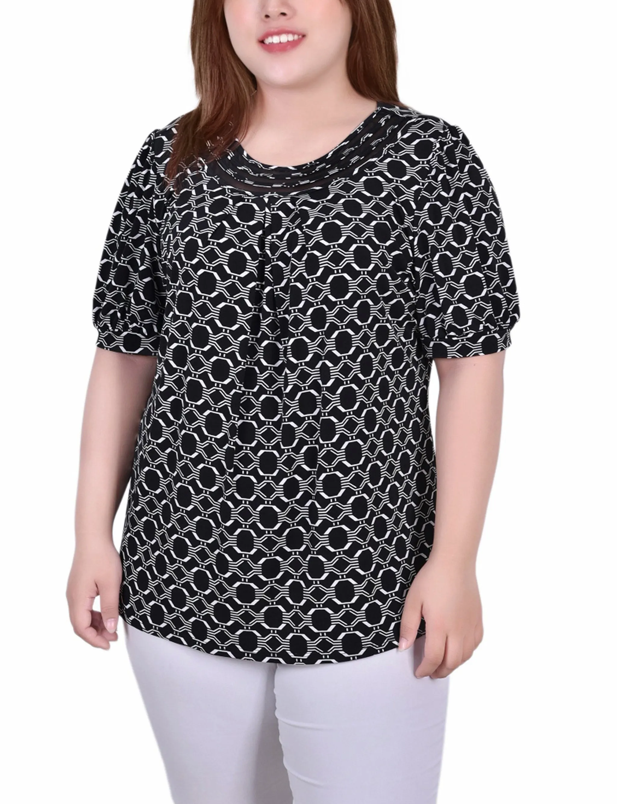 Plus Size Short Puff Sleeve Sheer Inset Top Retro Style Layered Collar