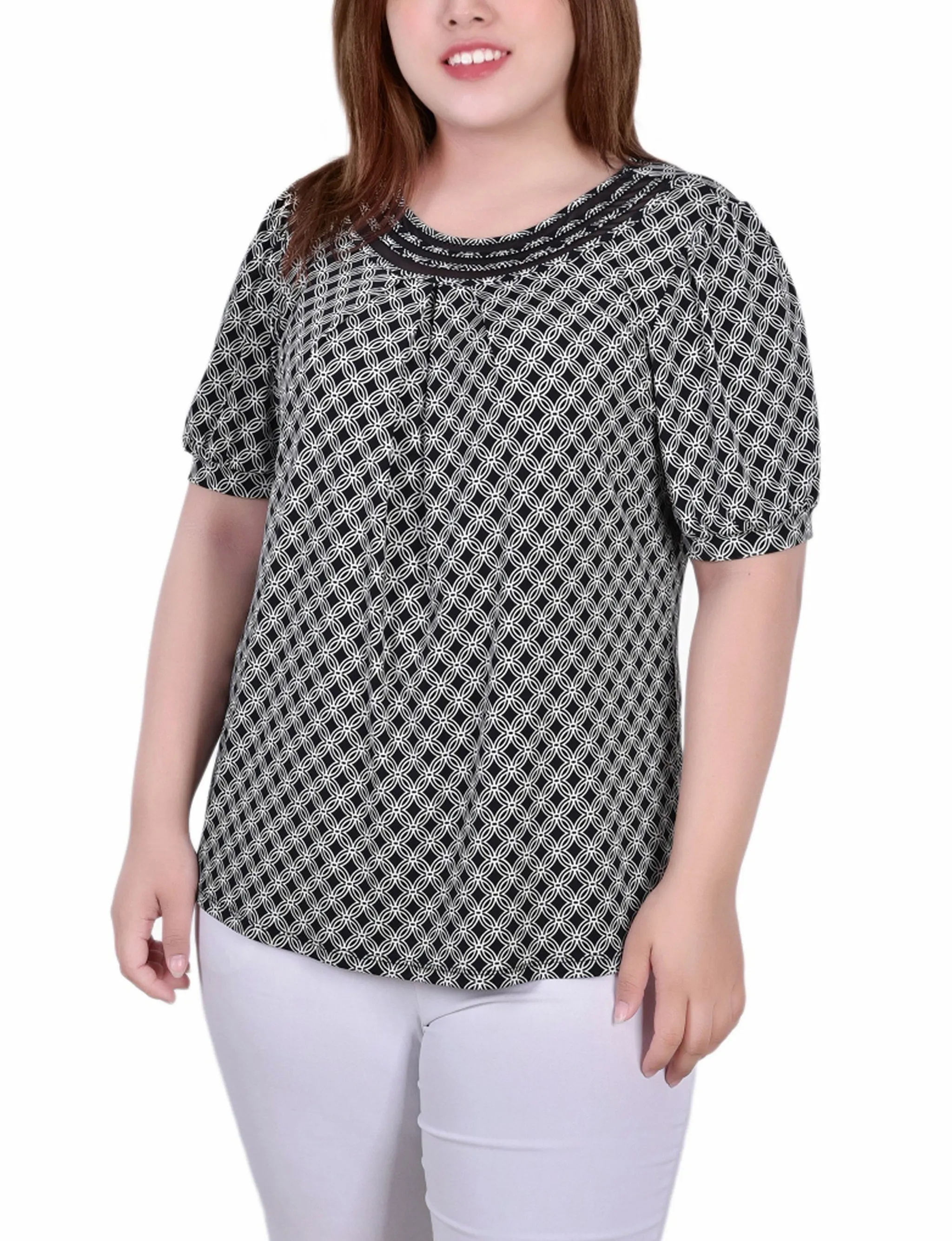 Trendy Shirt Winter Wardrobe Plus Size Short Puff Sleeve Sheer Inset Top