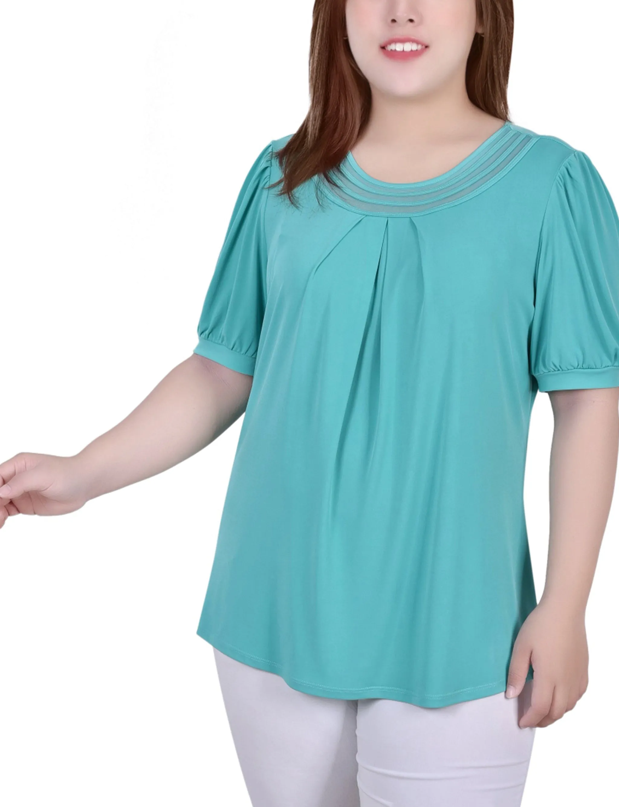 Wrinkle Resistant Textile AllPurposeWear Plus Size Short Puff Sleeve Sheer Inset Top