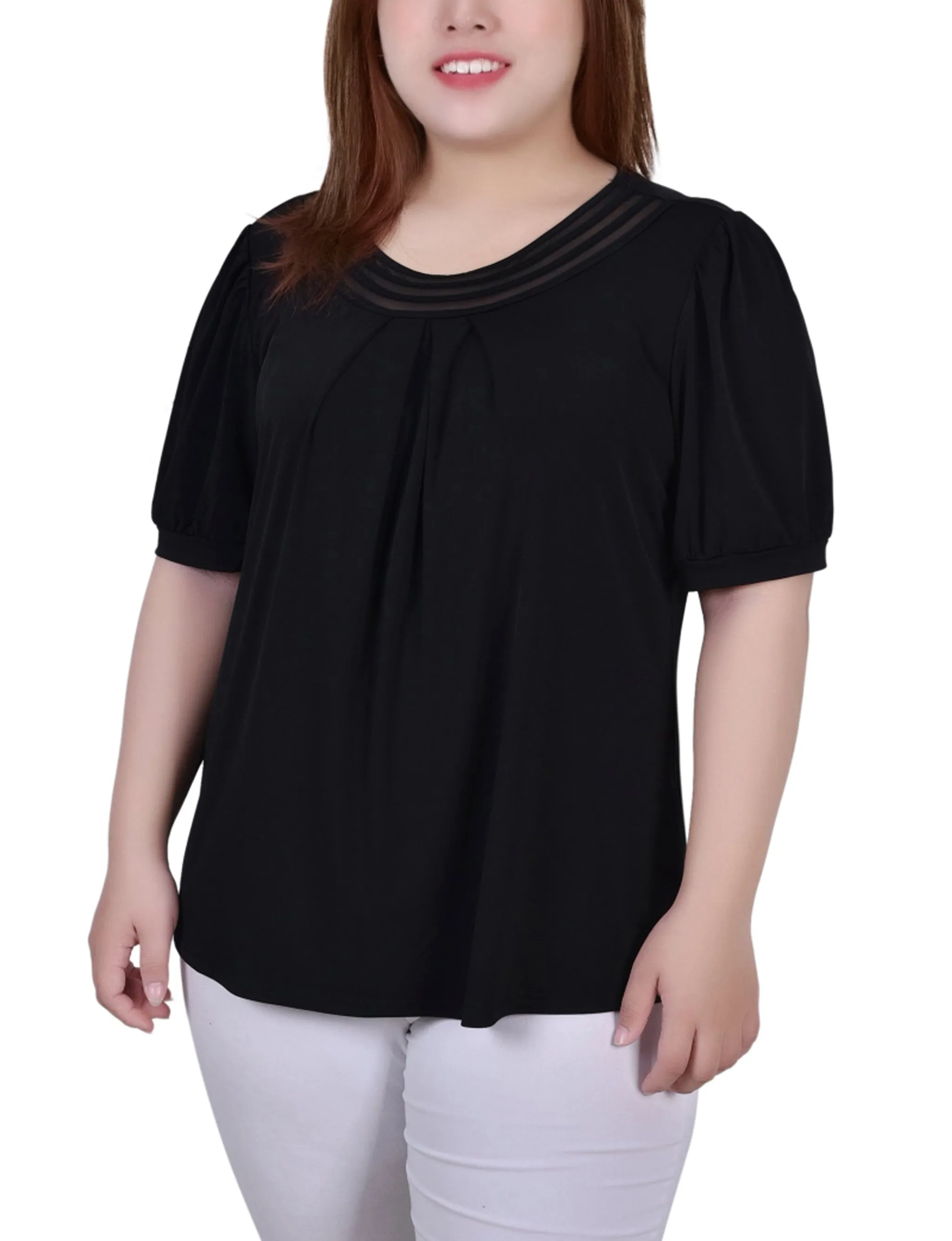 LightReflective Tagless Neckline Design Plus Size Short Puff Sleeve Sheer Inset Top