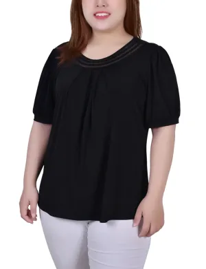 Thermal Regulating Design Plus Size Short Puff Sleeve Sheer Inset Top