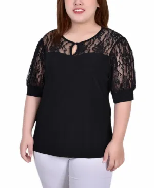 AntiSnagYarnProcessing Plus Size Short Puff Sleeve Top With Lace Sleeves And Yoke