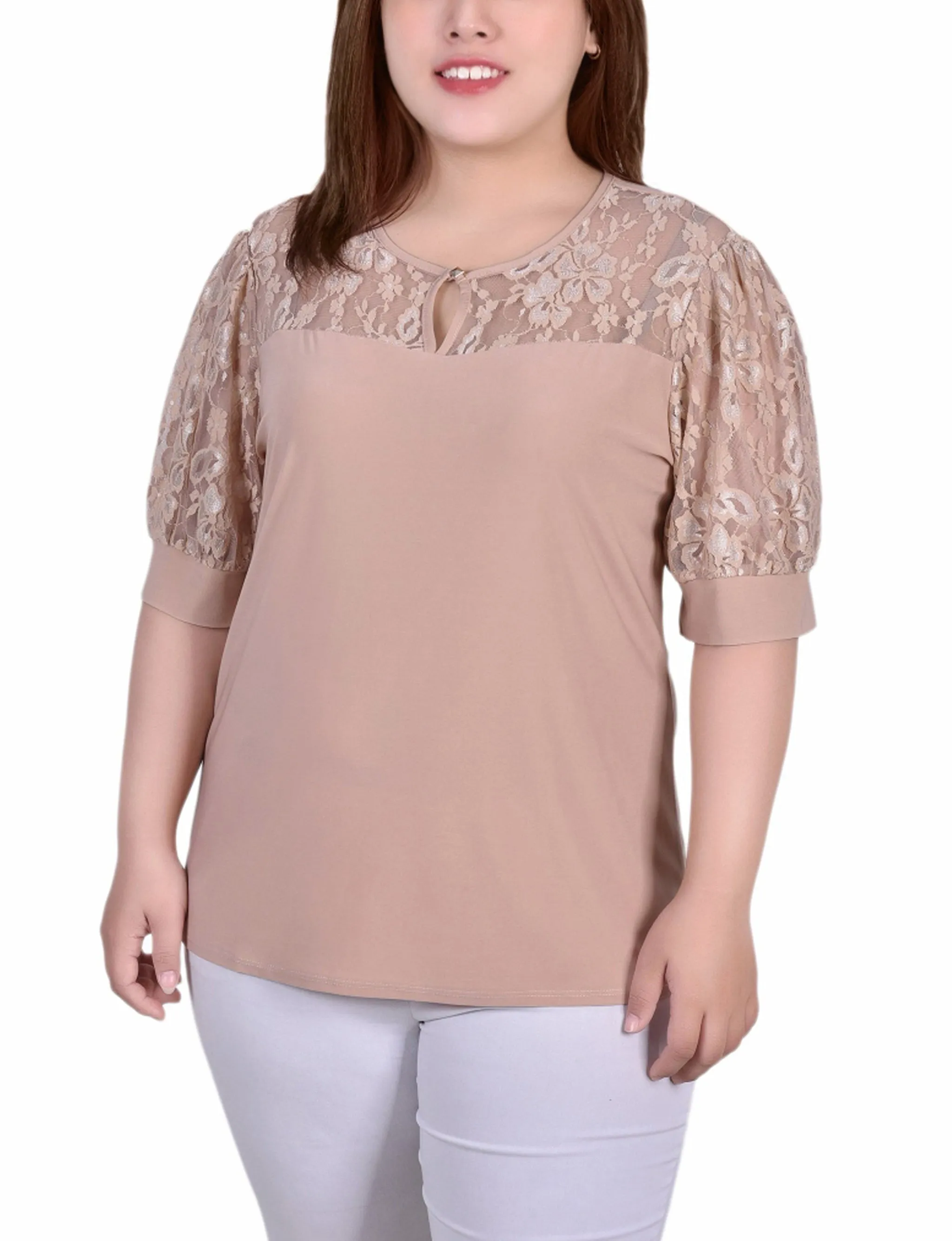 Plus Size Short Puff Sleeve Top With Lace Sleeves And Yoke Soft Knit ReflectiveTrims