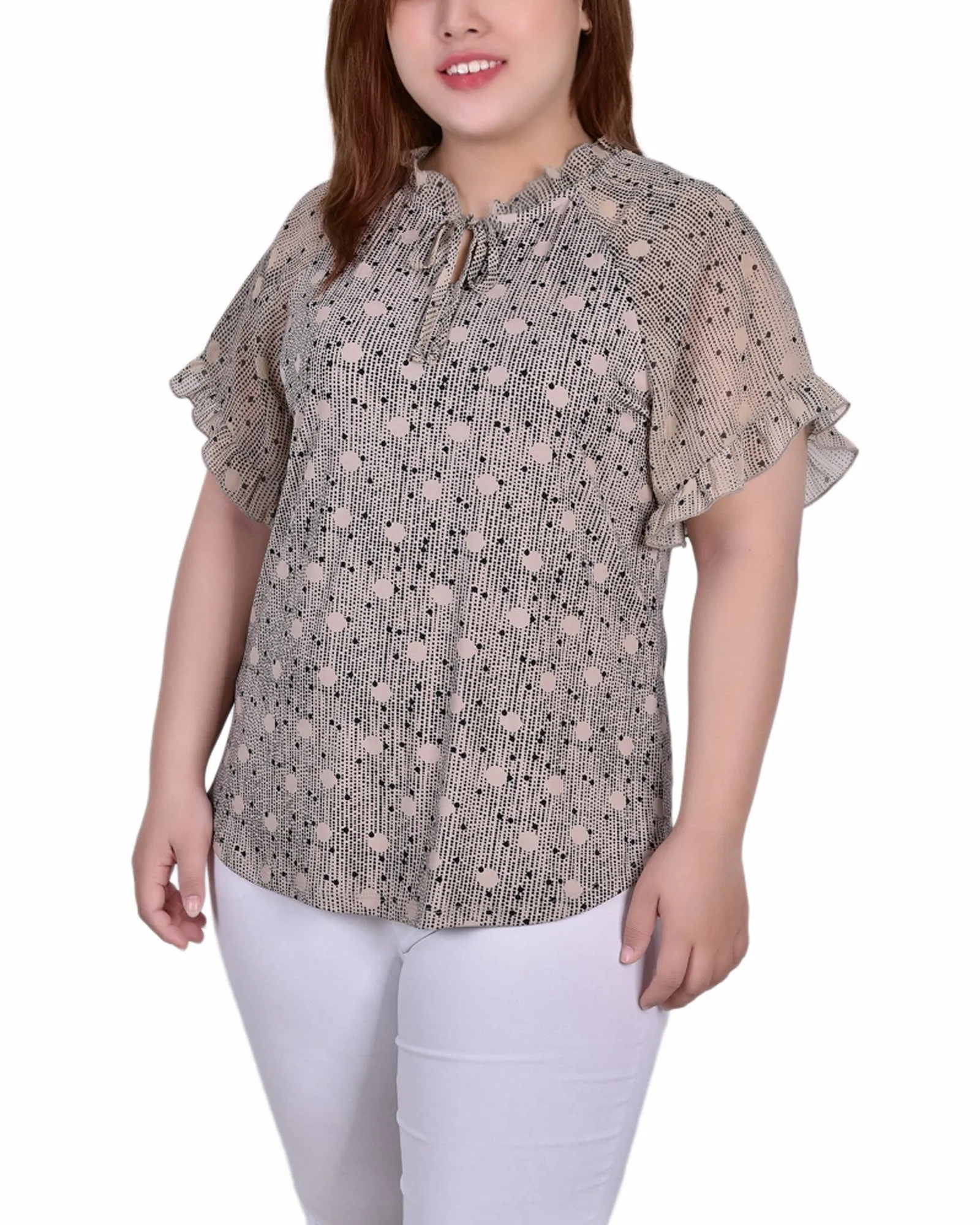 Bonded Seam Tape FrenchTerryTexture Plus Size Short Ruffled Sleeve Crepe Knit Top With Chiffon Sleeves