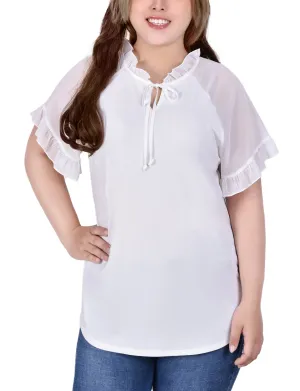 Plus Size Short Ruffled Sleeve Crepe Knit Top With Chiffon Sleeves Cozy Sweater Reinforced Hems