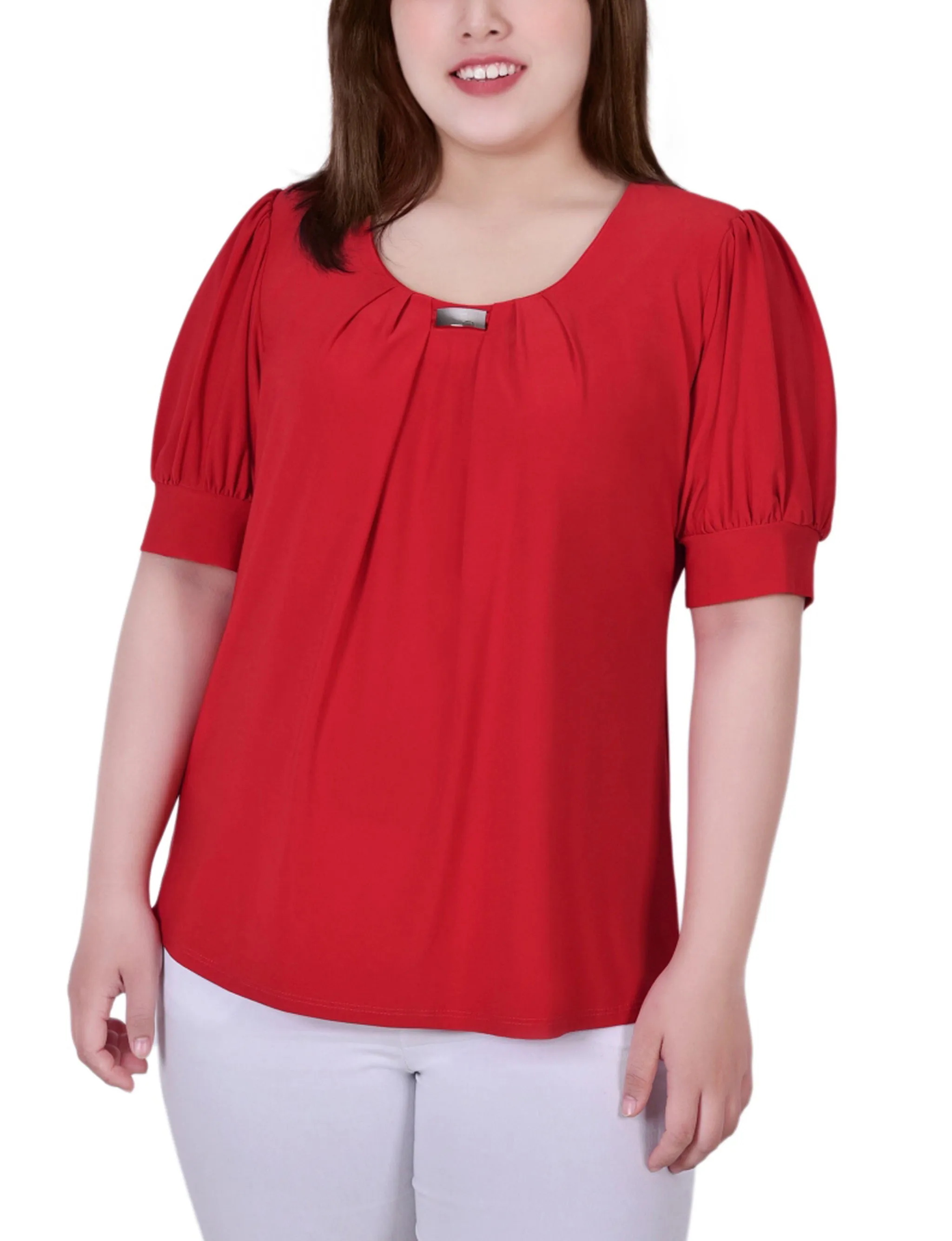 Flattering Drape Plus Size Short Sleeve Balloon Sleeve Top With Hardware