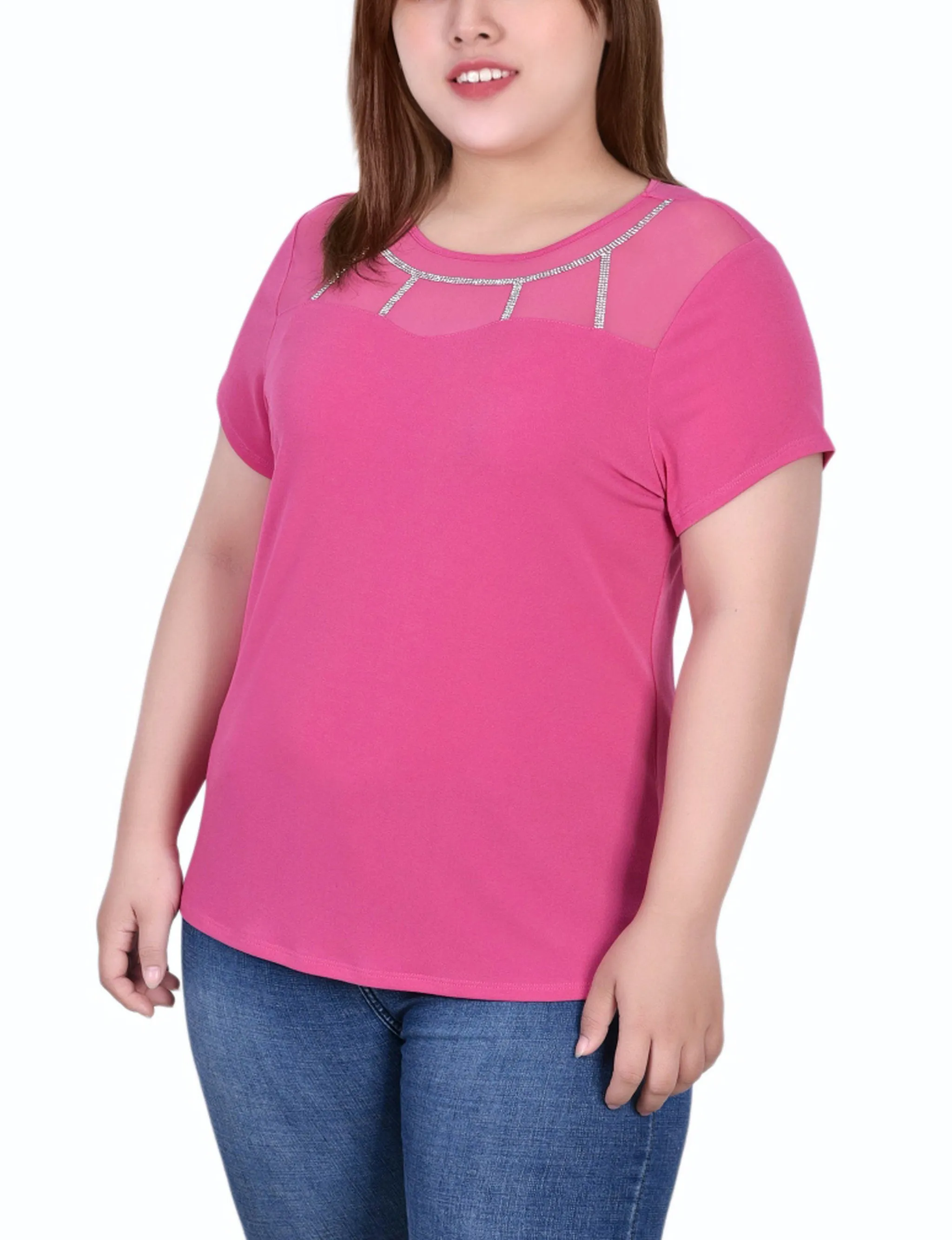 Durable Color Retention Plus Size Short Sleeve Crepe Top With Stone Details
