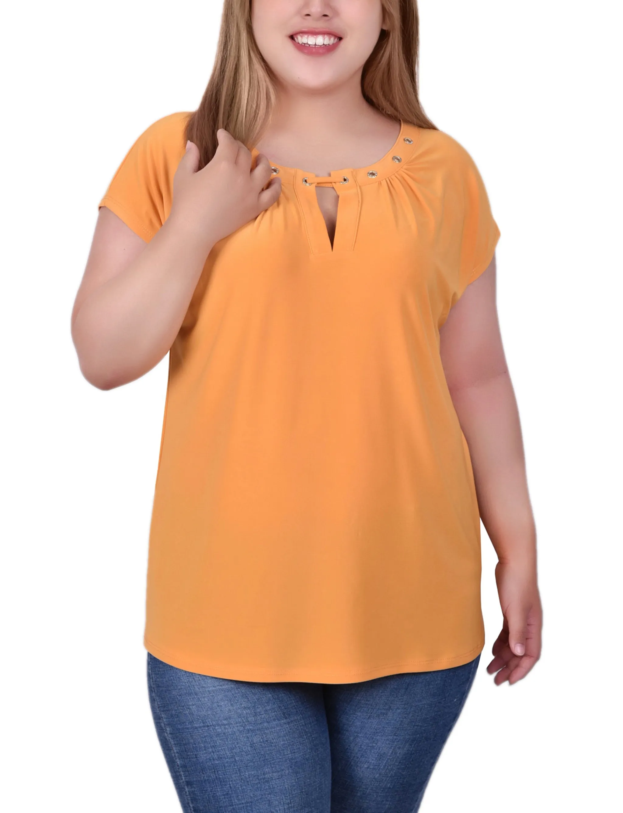 Plus Size Short Sleeve Grommet Top With Keyhole Antimicrobial Treatment